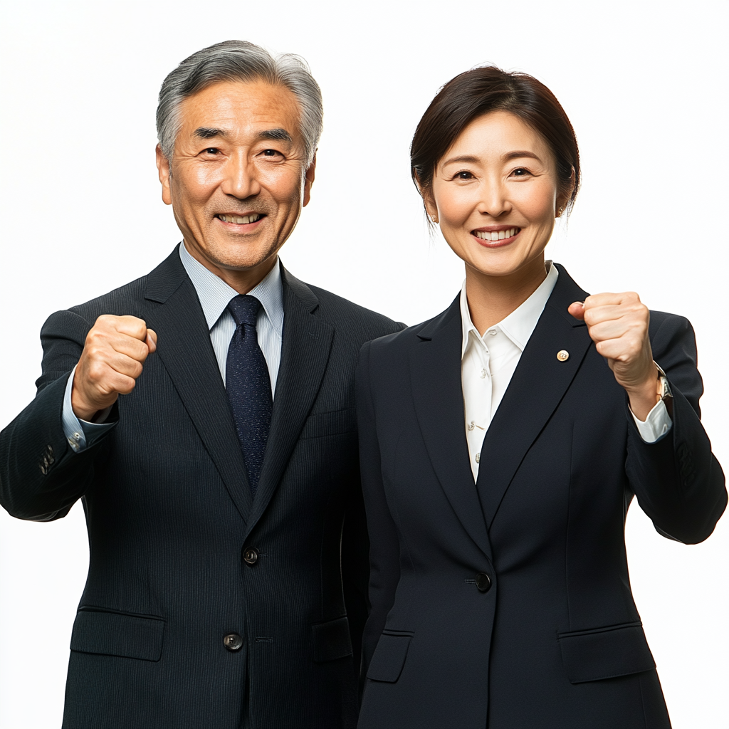 Business couple fist pump with age-specific details.