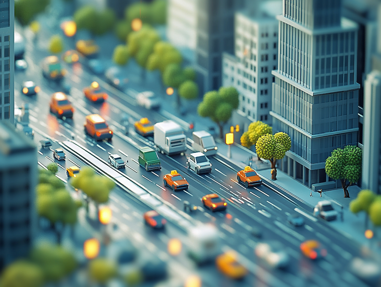 Business district landscape with cars, isometric view, digital illustration.