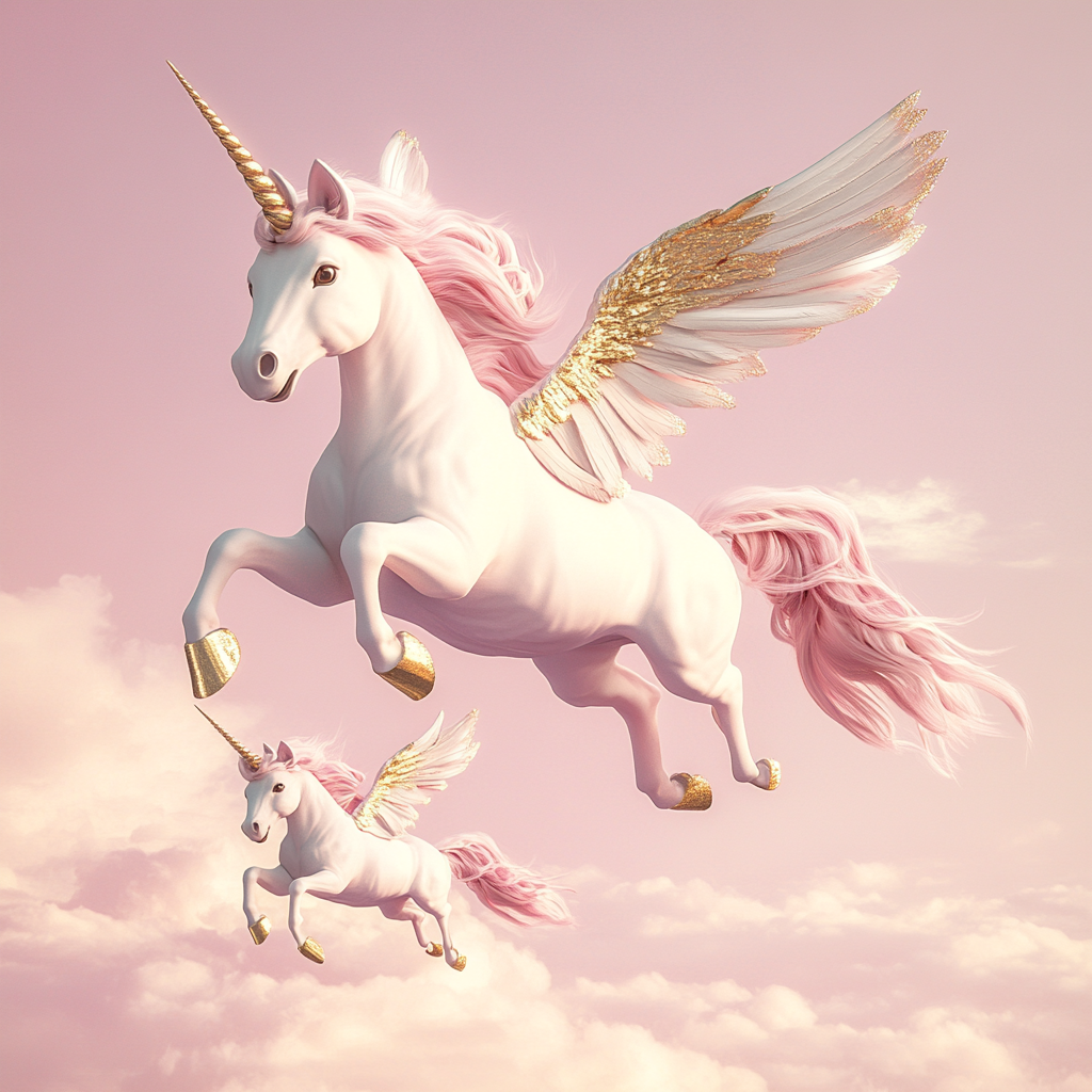 Business logo: hyper realistic flying unicorn with baby unicorn