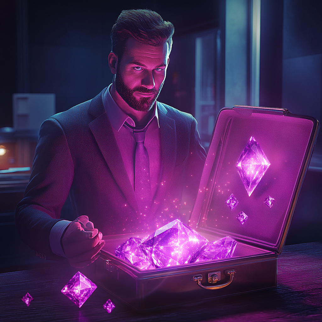 Business man in suit finds glowing purple diamonds inside.