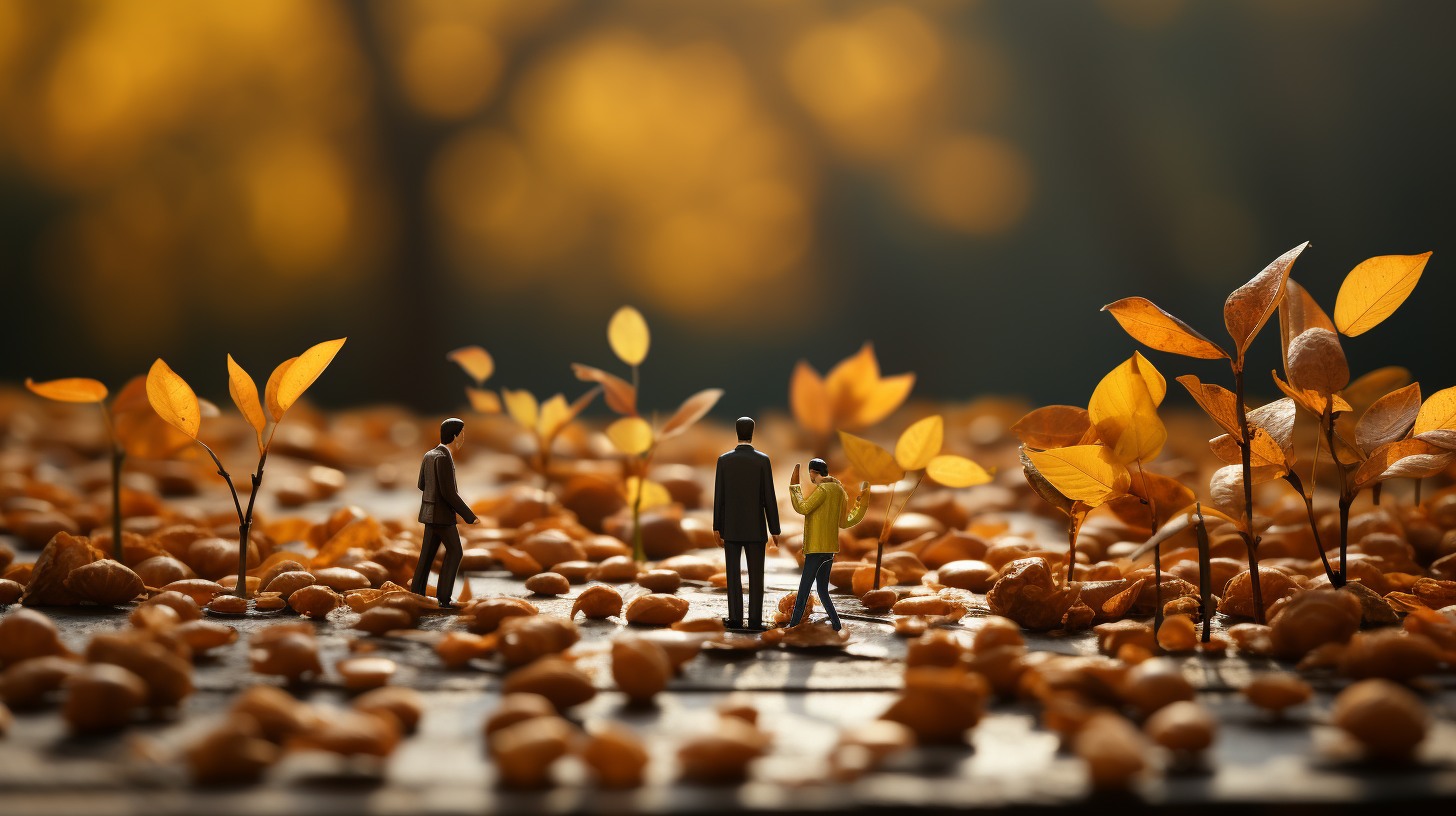 Miniature business figures in an autumn forest