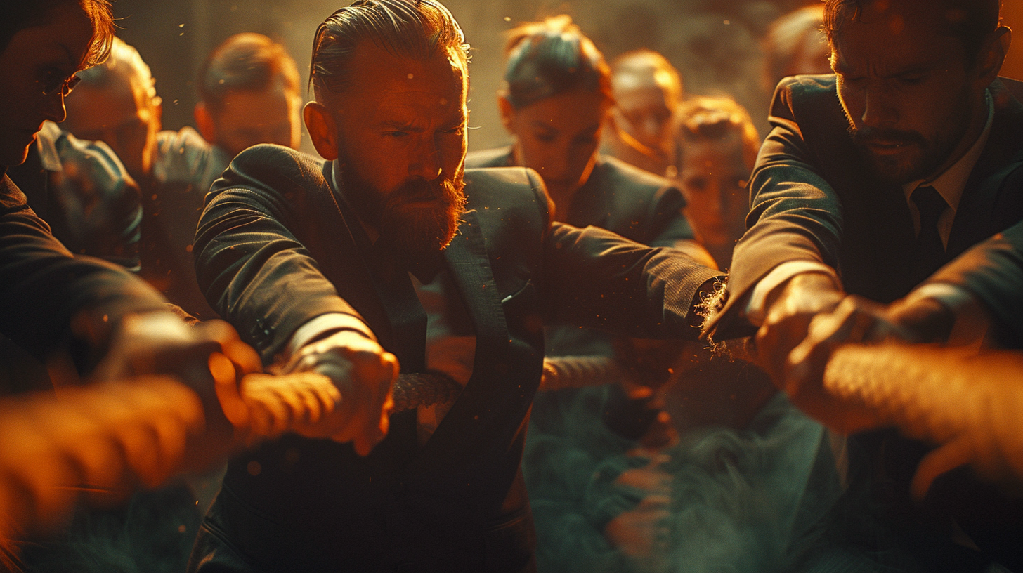 Business people in suits playing tug of war