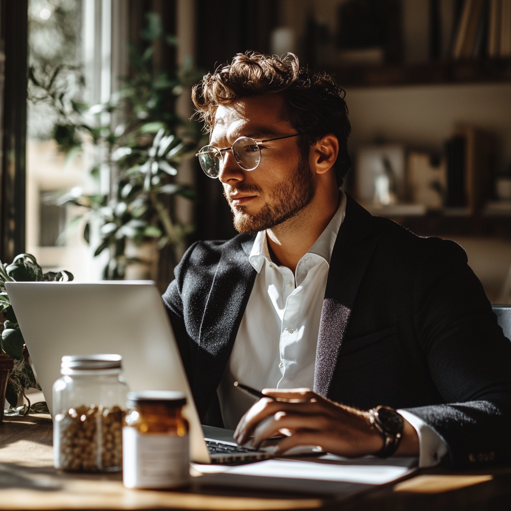 Businessman in Glasses Working on Laptop with Supplement Jar