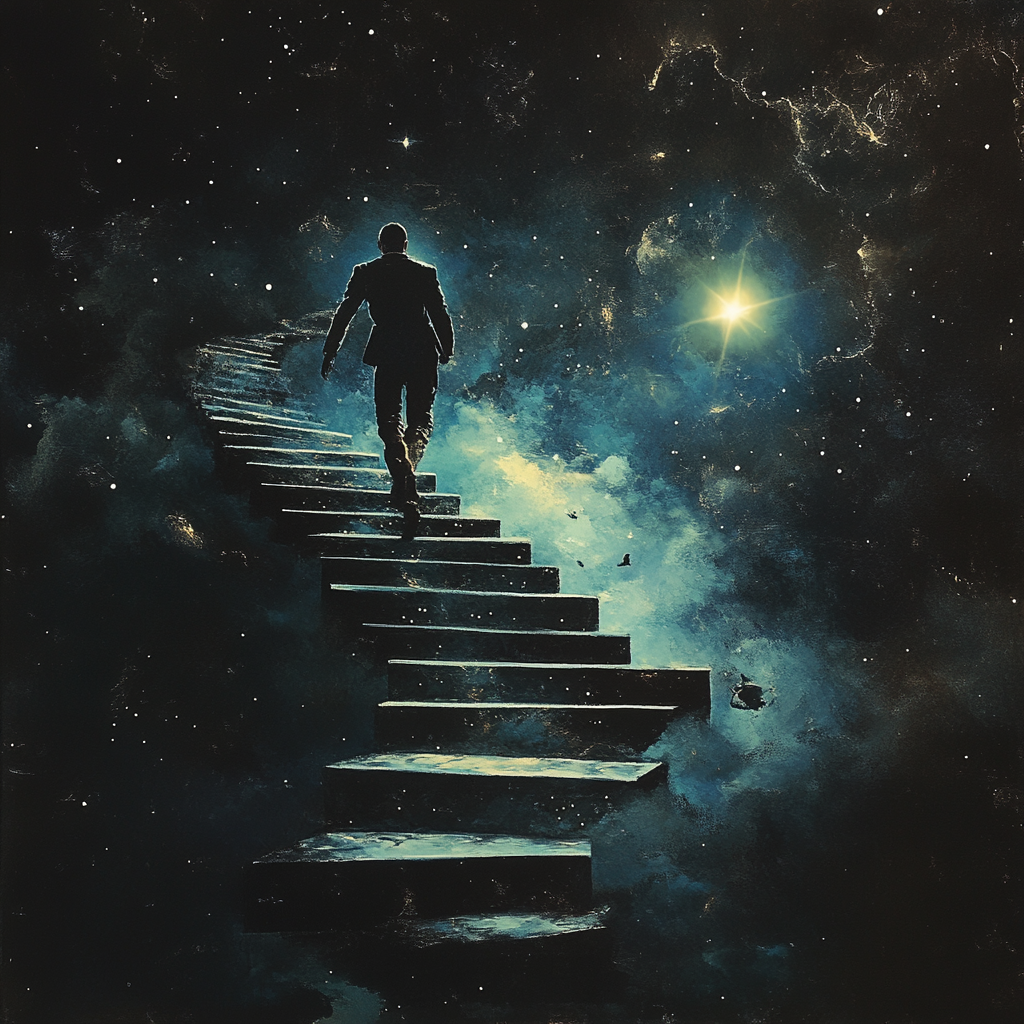 Businessman in suit climbing illuminated space stairs towards star.