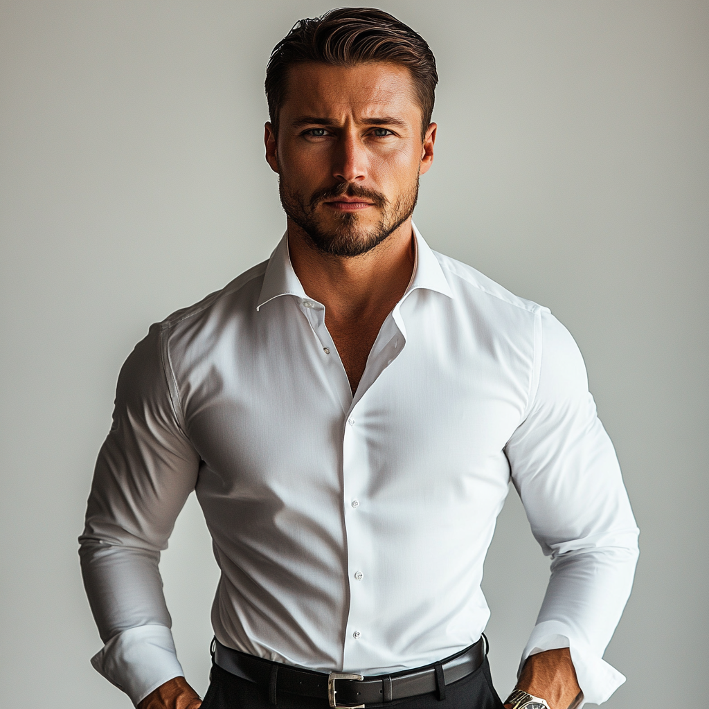 Businessman in suit with expensive watch on muscular body.