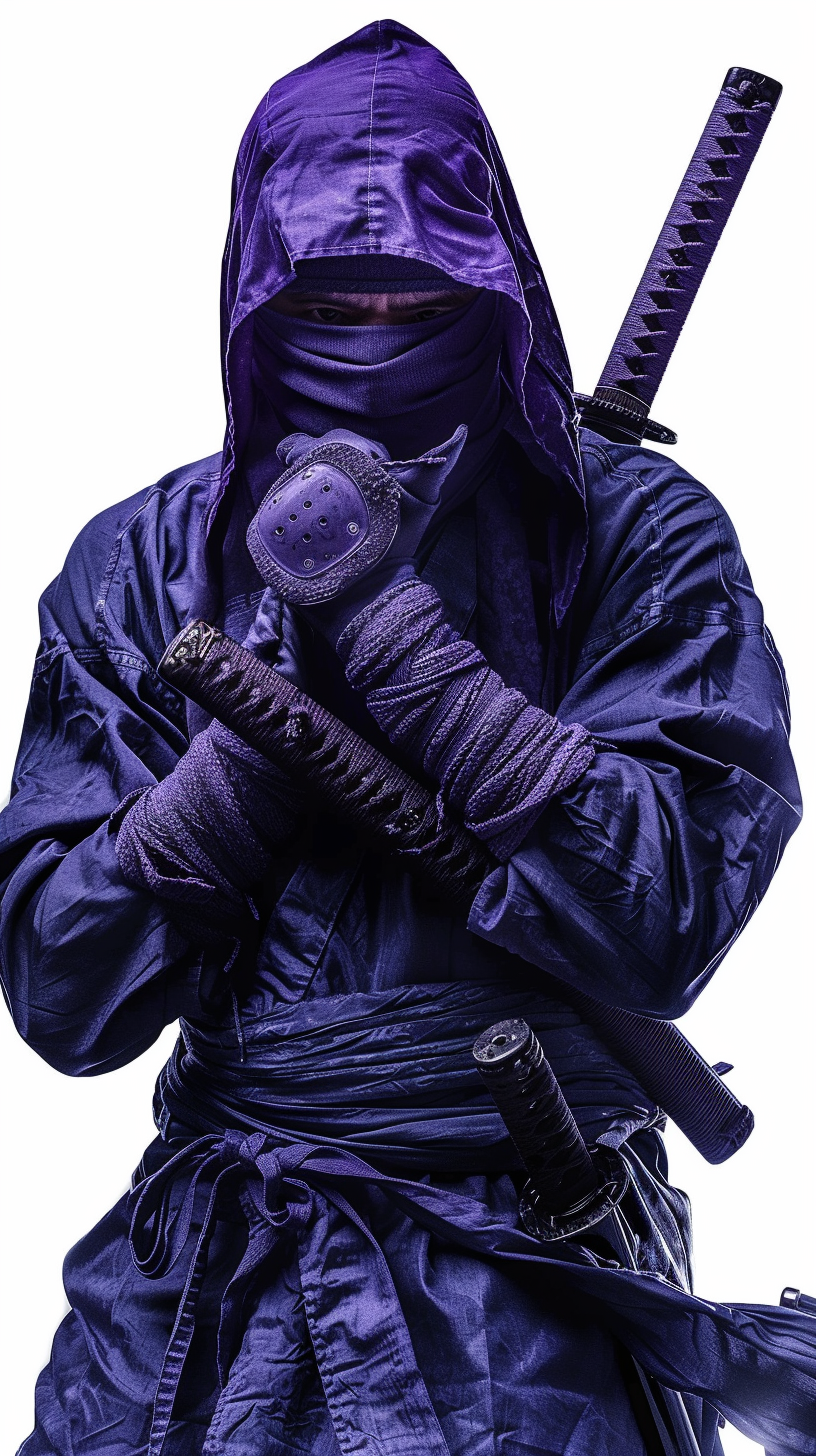 Businessman ninja in purple suit, hand near mouth, katana.