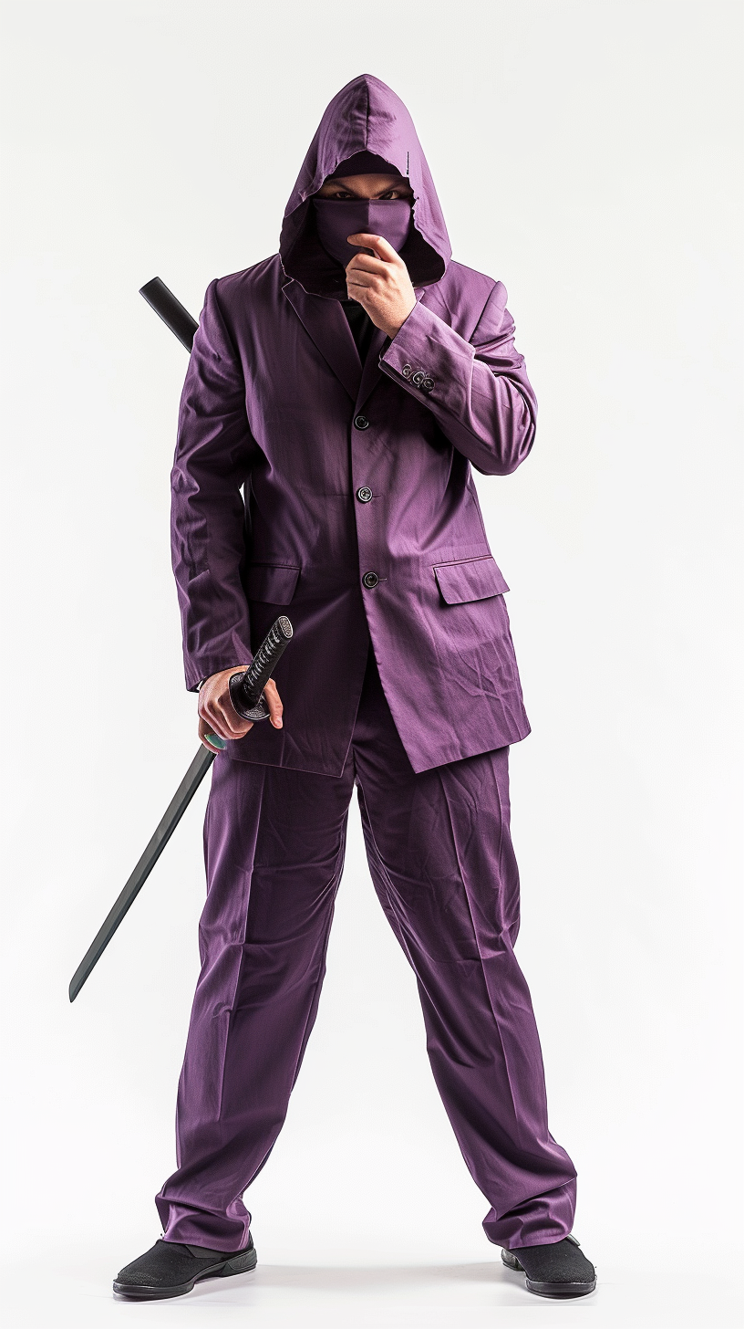 Businessman ninja with purple hooded suit and katana.