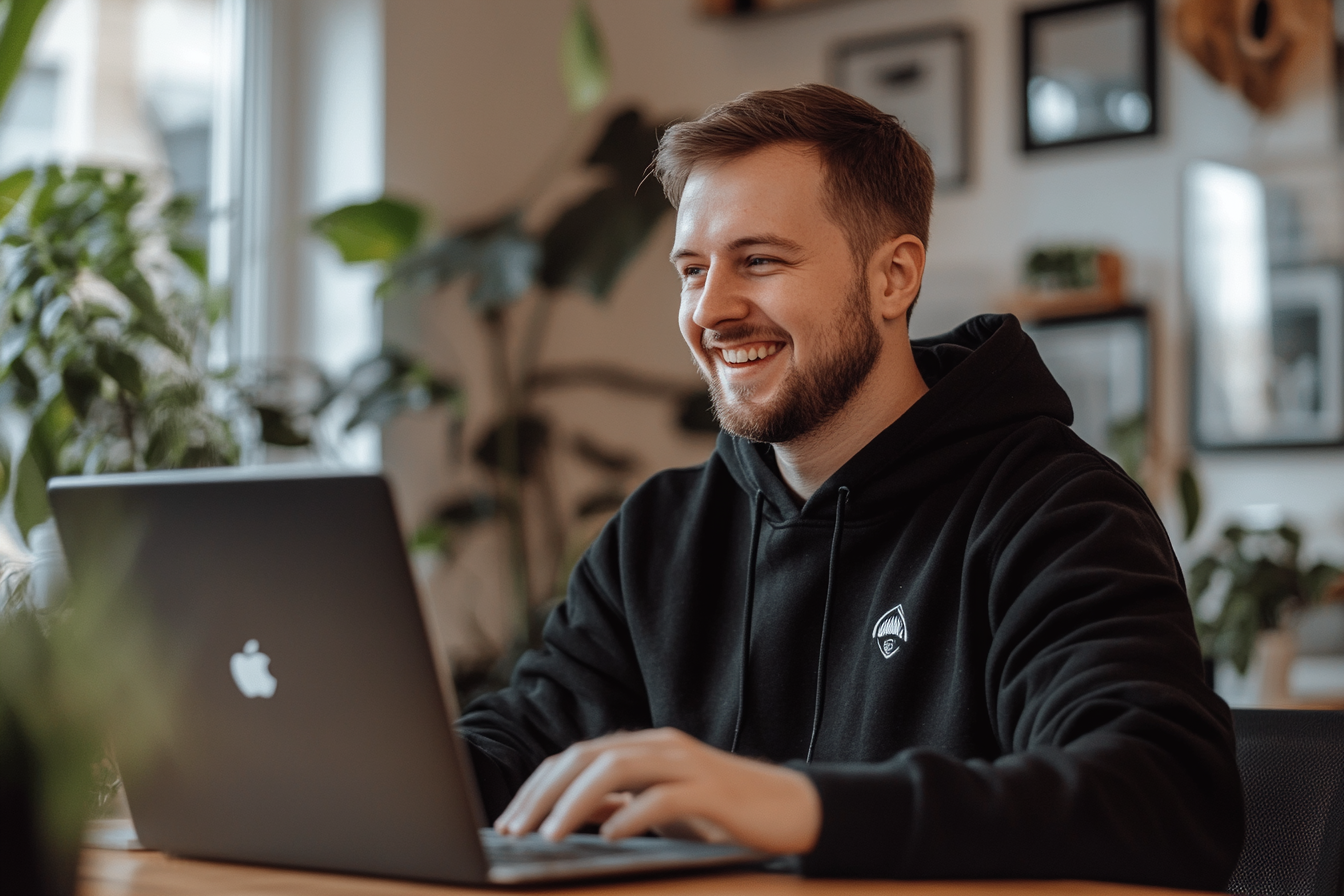 Businessman smiling at laptop, creating online advertising content.