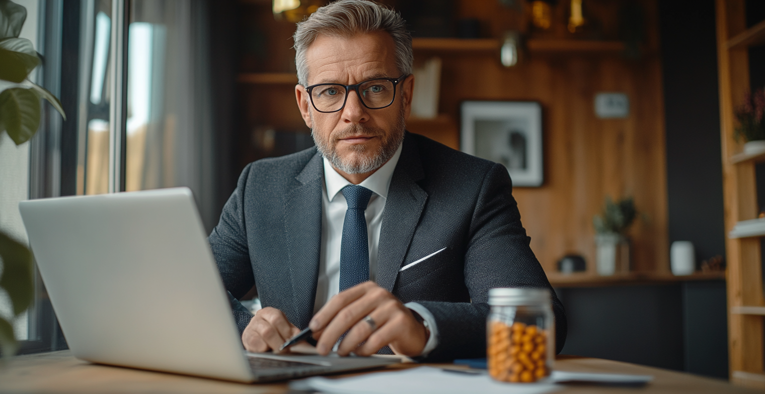 Businessman with Laptop and Supplement Powder Working on Project