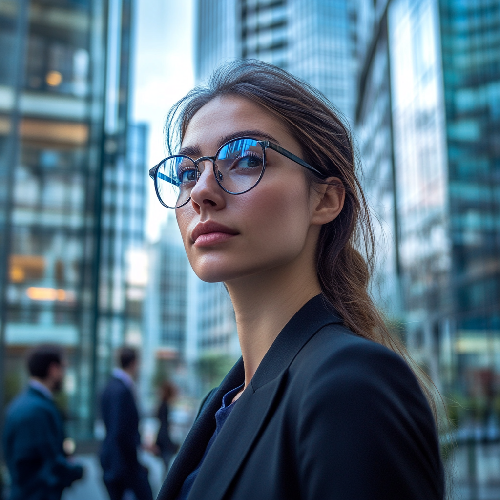 Businesswoman in blue glasses near high-rise, relaxed atmosphere.