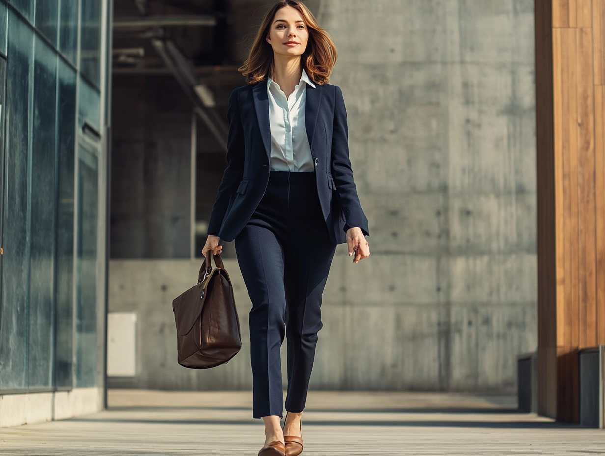 Businesswoman in blue suit walking outside office building.