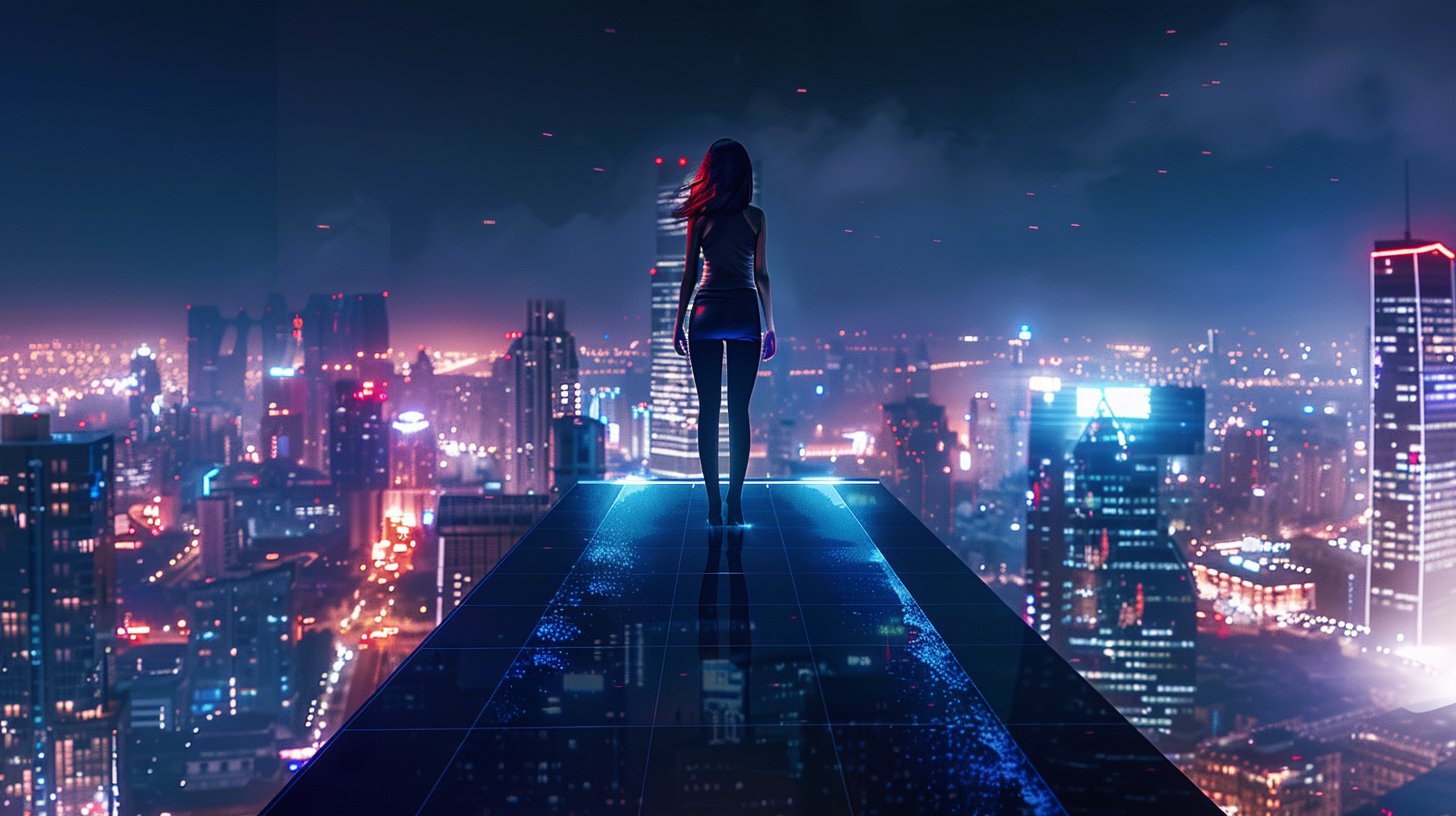 Businesswoman standing on modern building, admiring vibrant city lights.