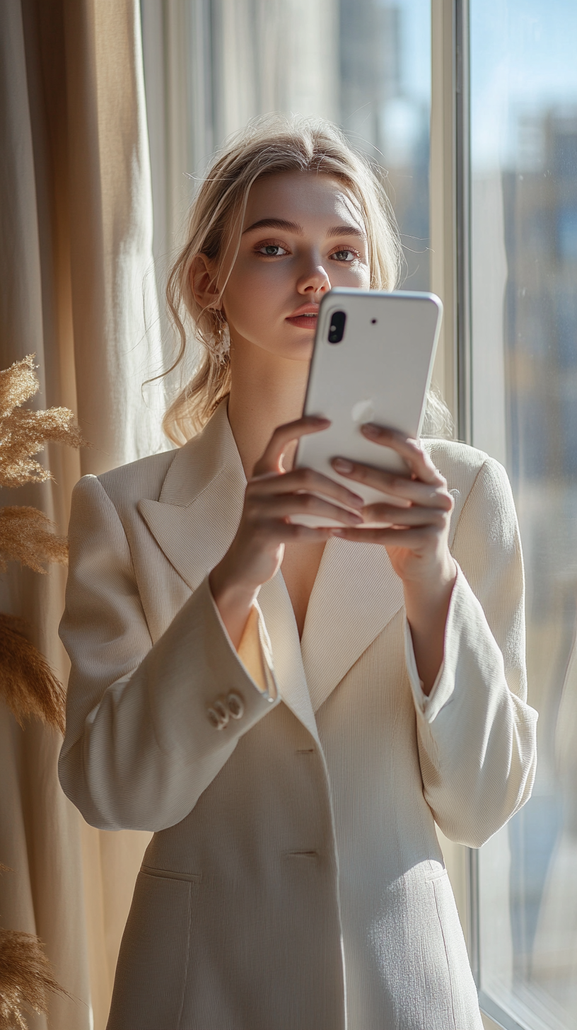 Businesswoman taking photo with iPad in bright office