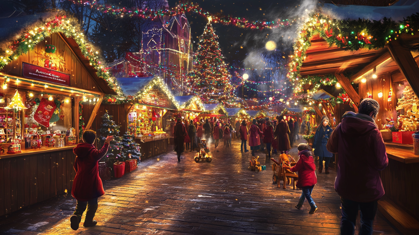 Bustling Christmas Market with Colorful Lights and Stalls