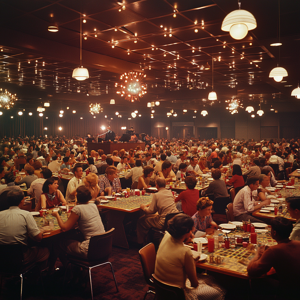 Busy 1960s Bingo Hall with Diverse Crowd