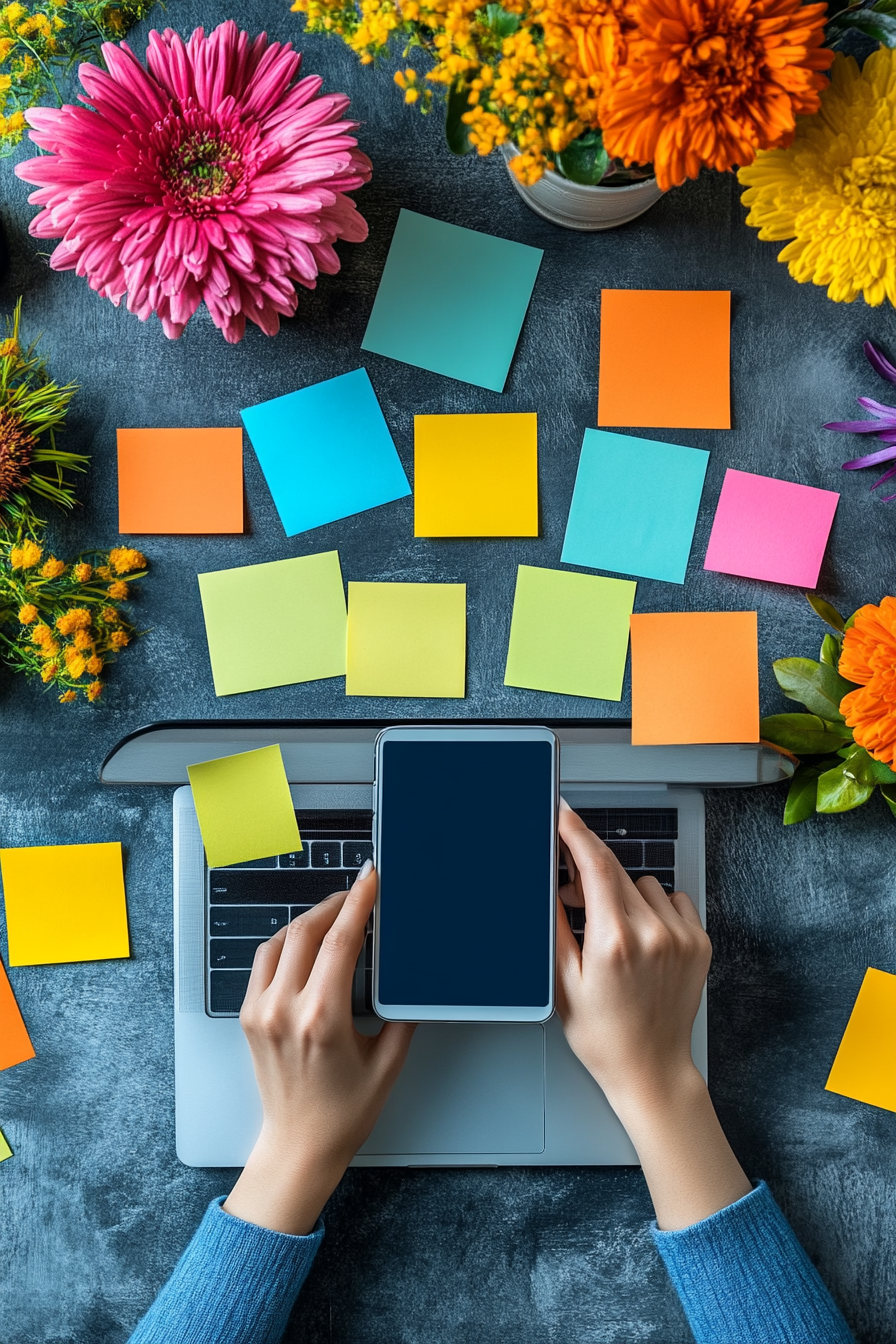 Busy Freelancer's Workspace with Devices and Sticky Notes.