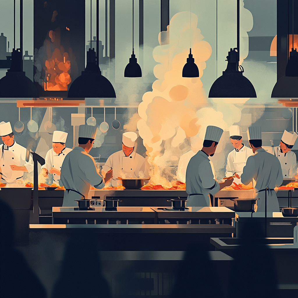 Busy Kitchen Scene: Chefs Cooking Animated 2D