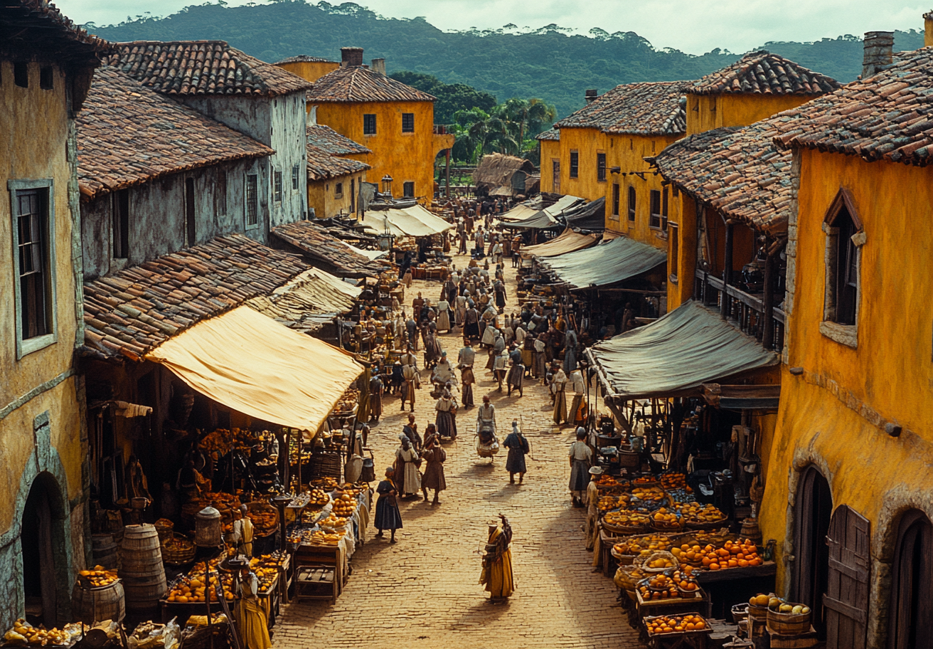 Busy Medieval Market in Viking Settlement, 1540's Brazil