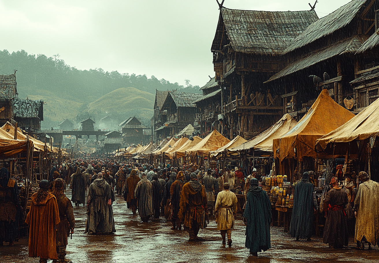 Busy Viking Market Square in Brazilian Jungle, 1540