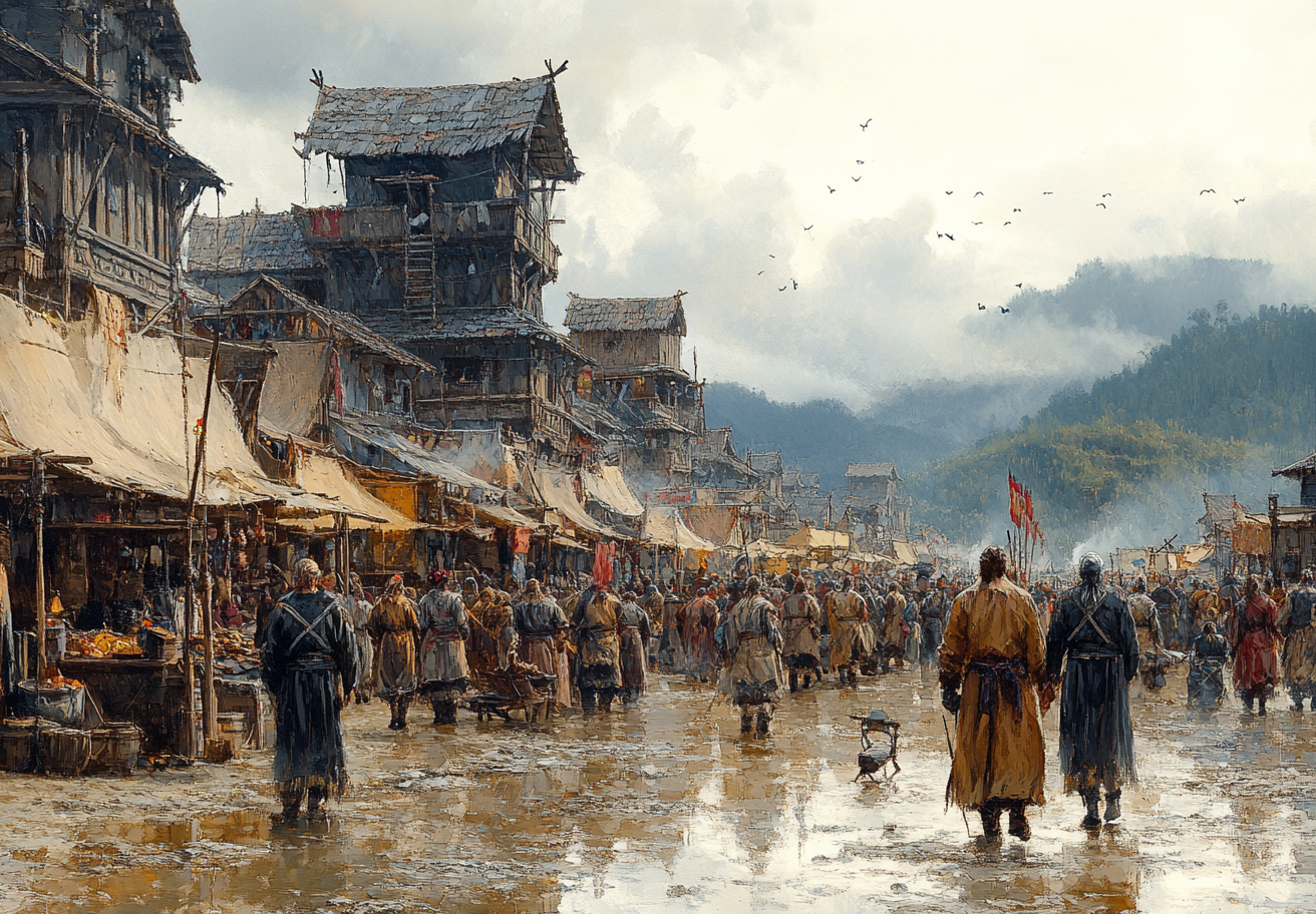 Busy Viking Market Square in Rundown Brazil: Illustration