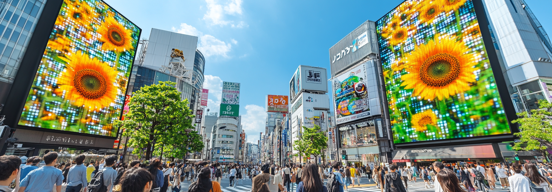 Busy city crossing with sunflower ads and modern buildings.