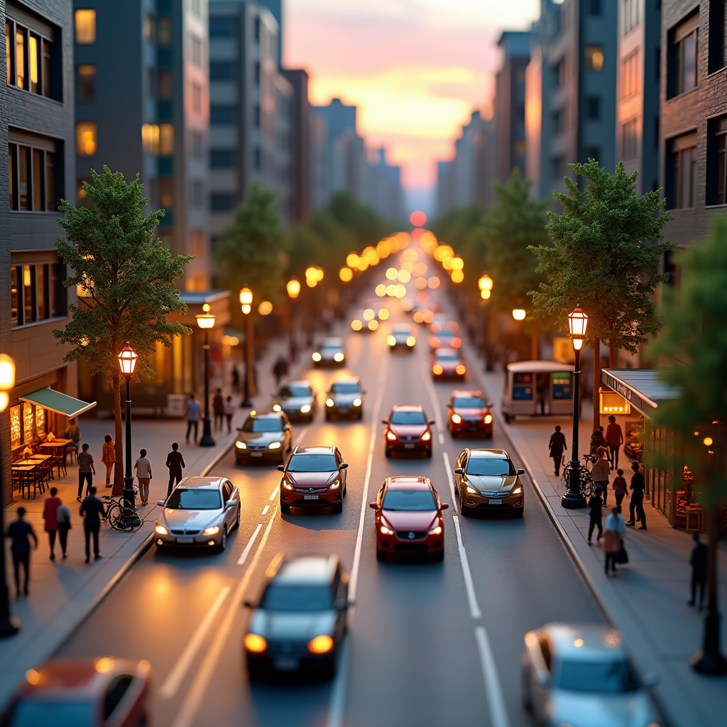 Busy city street at evening rush hour.