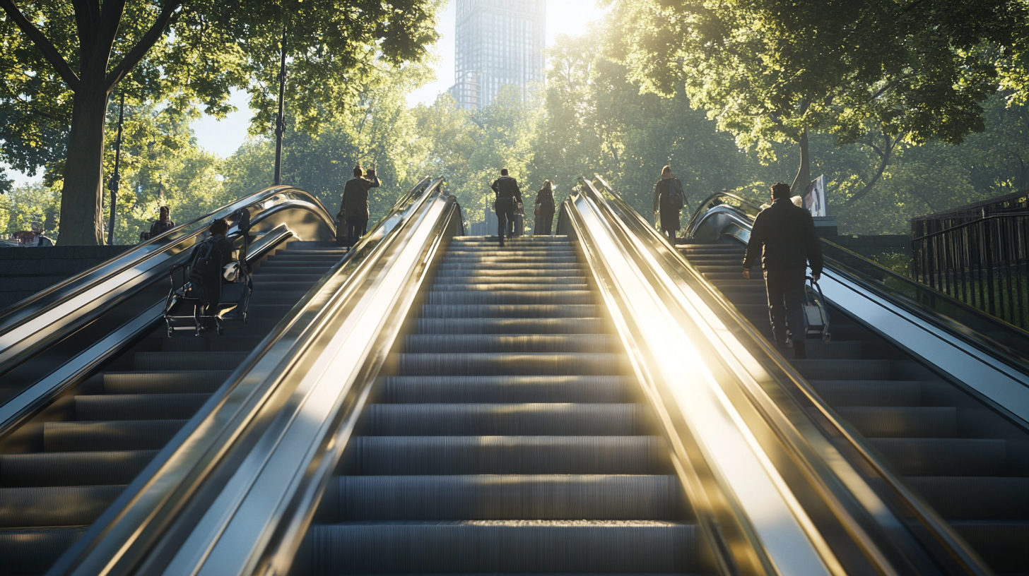 Busy escalator in sunny train station, detailed realism