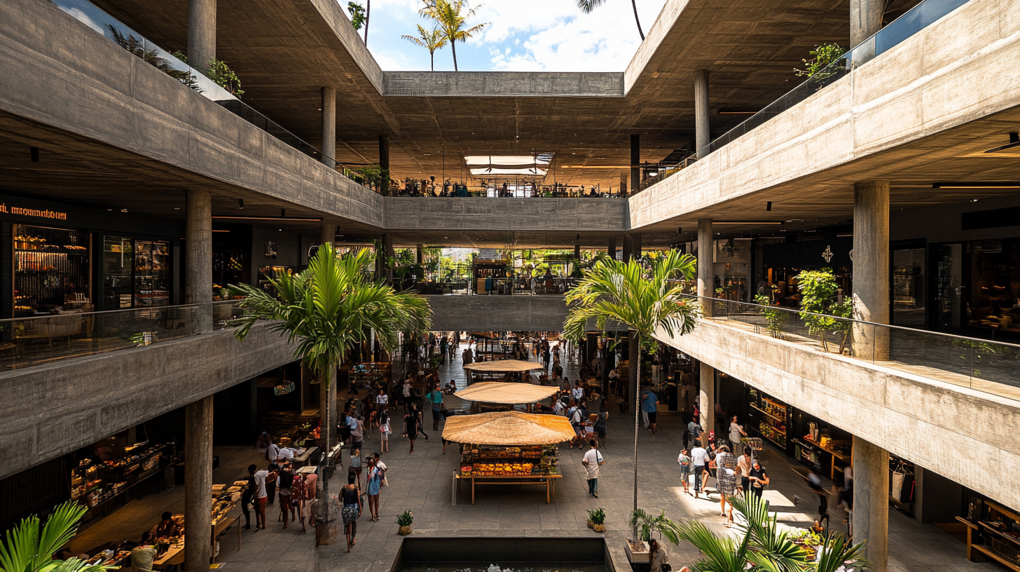 Busy modern Bali-themed retail building with food stalls