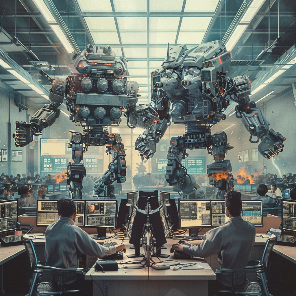 Busy newsroom, journalists cower in fear from robots.