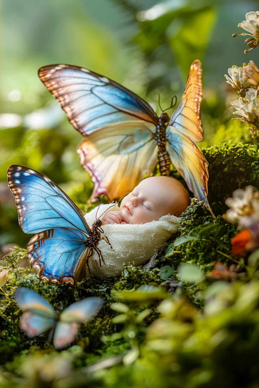 Butterflies Carry Sleeping Baby in Enchanted Forest