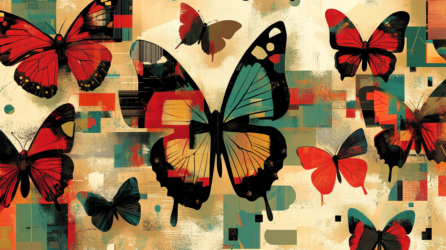 Butterfly mural shows human-computer connection, geometric design style.