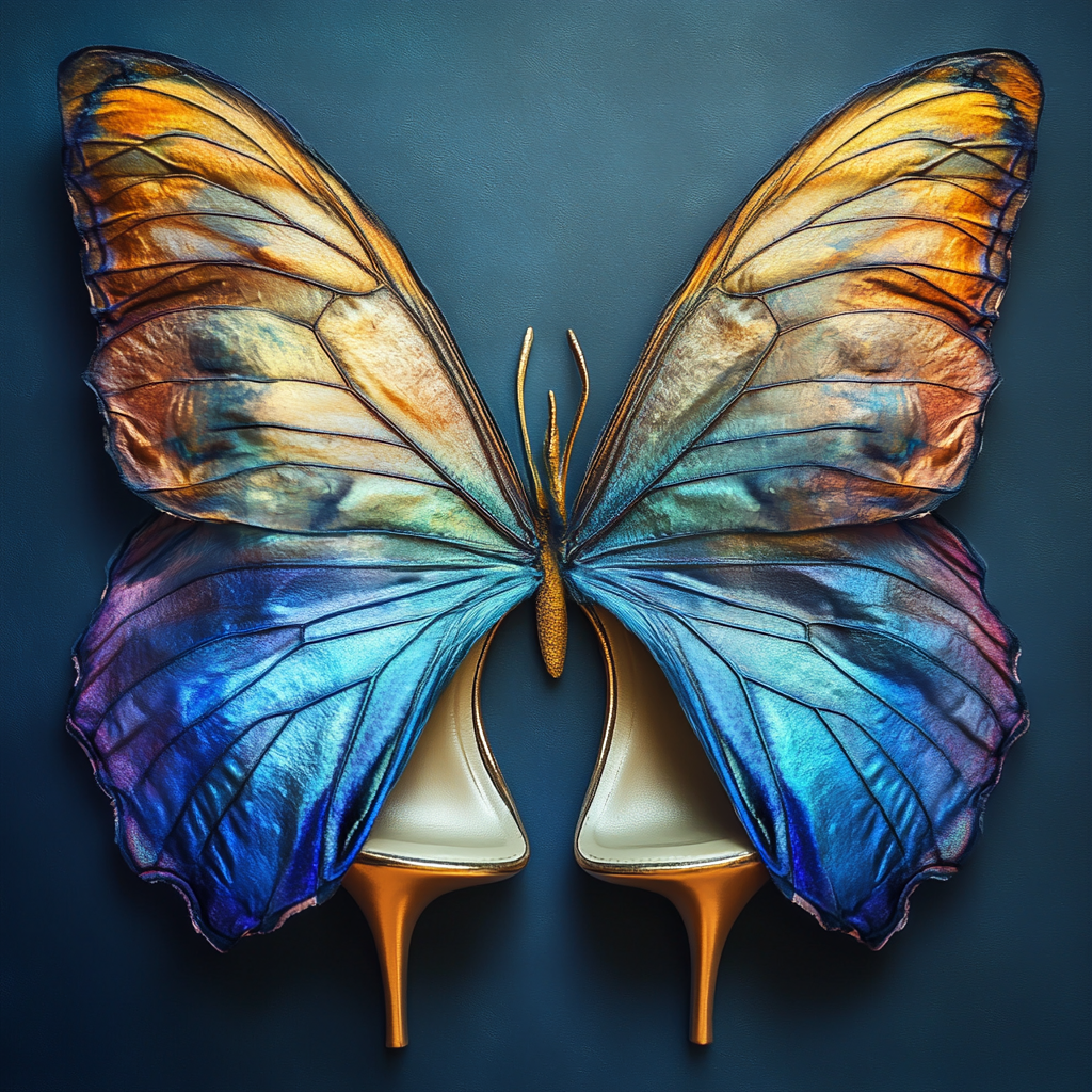 Butterfly wings embrace stylish shoes in magical fantasy.