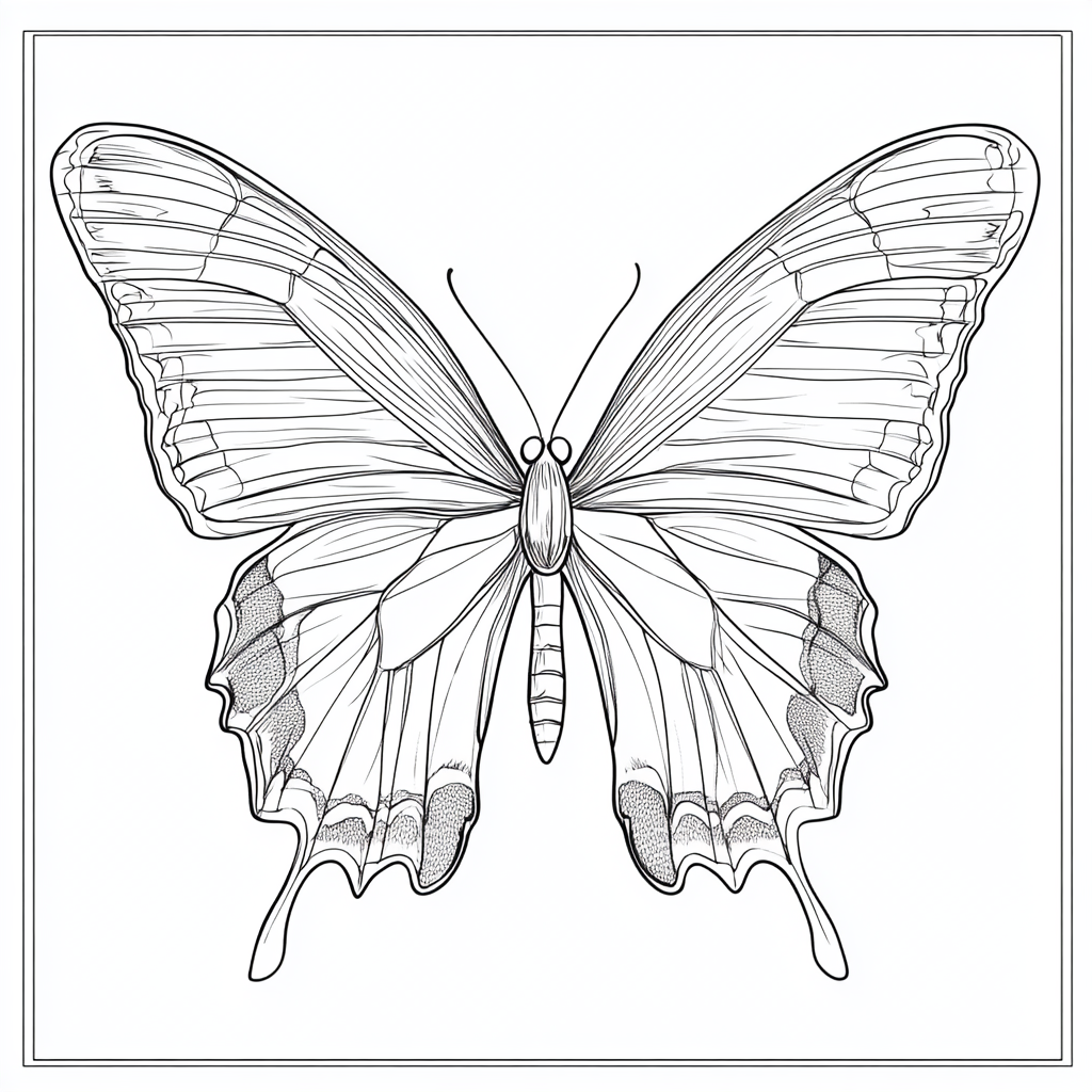 Butterfly with layered scales, thick outline, dark lines.