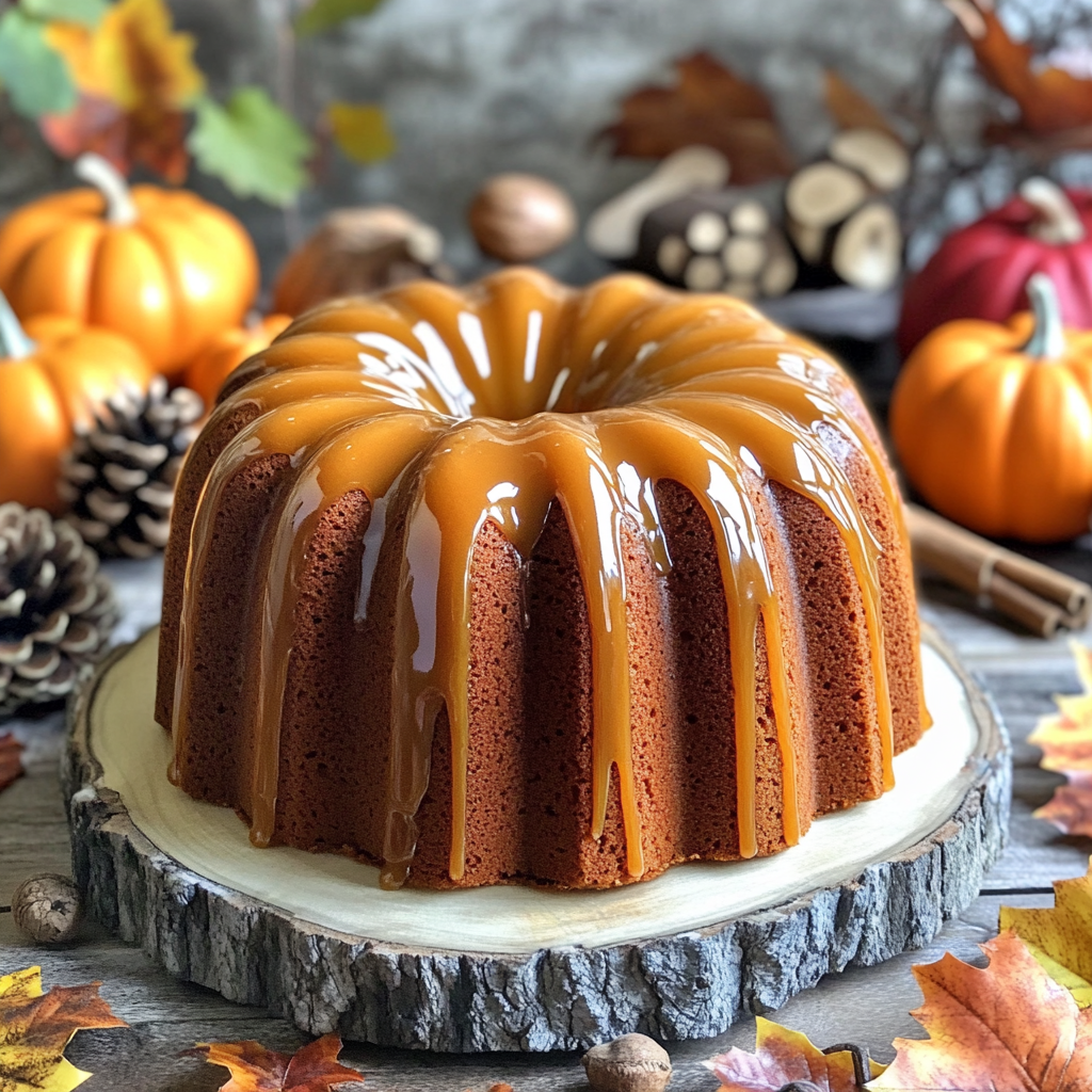 Buttermilk Pumpkin Pound Cake with caramel glaze on rustic board.