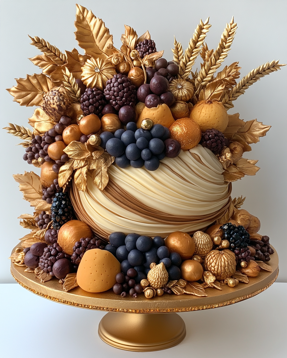 Butterscotch Thanksgiving Cornucopia cake with fruit and gold designs.