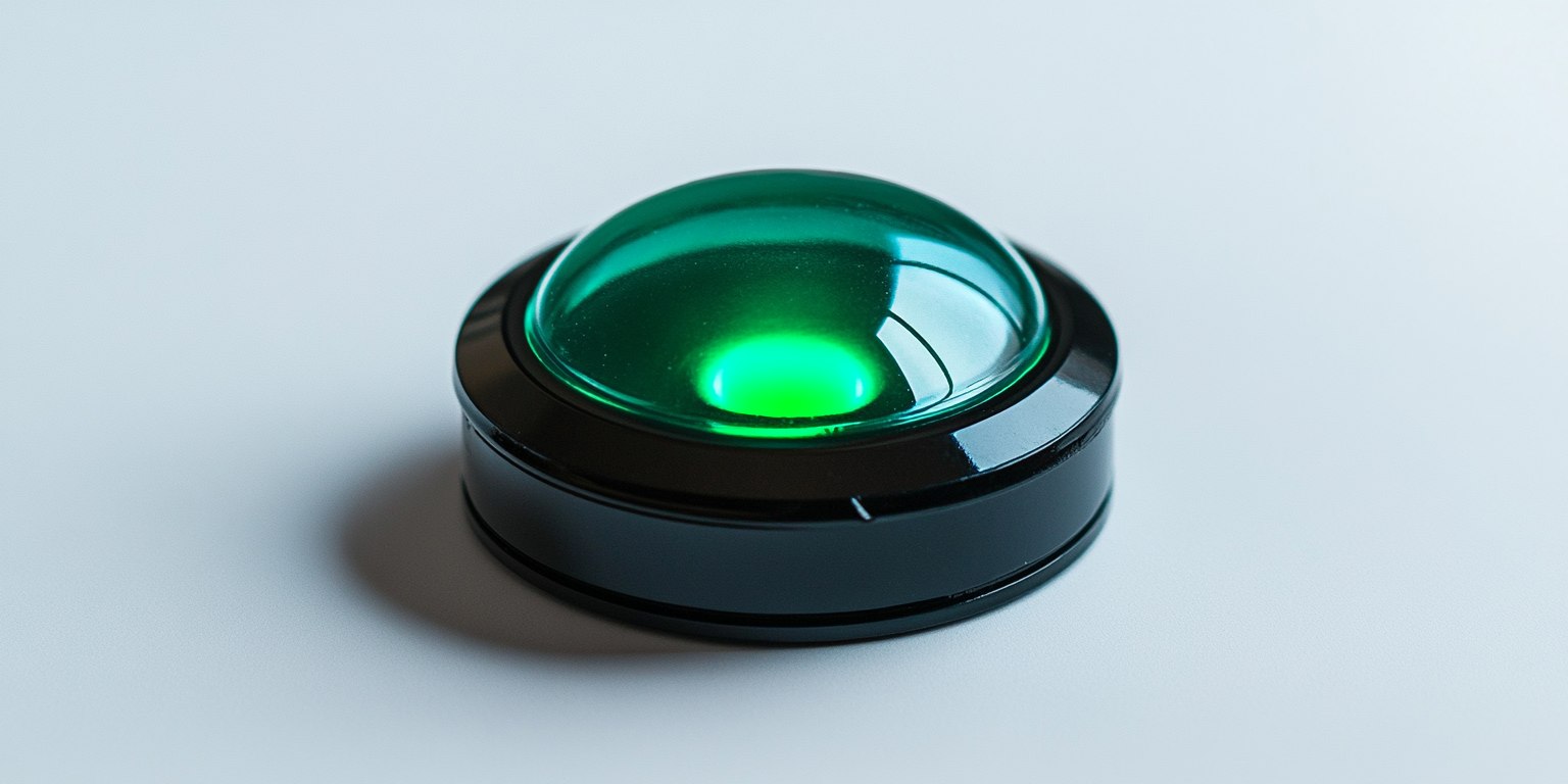 Button with green top LED light on black base.