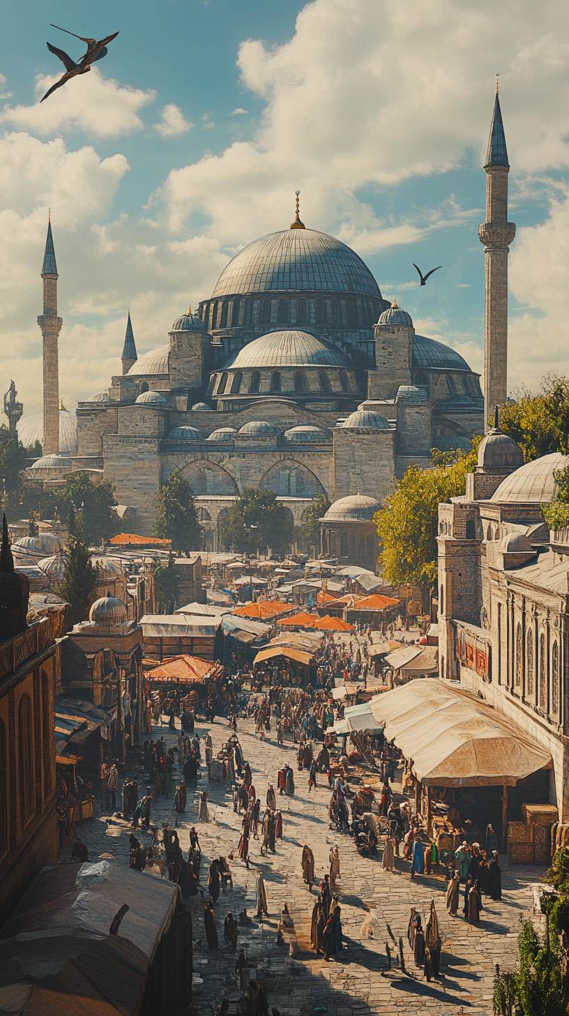 Byzantine architecture captured in bustling Constantinople market square.