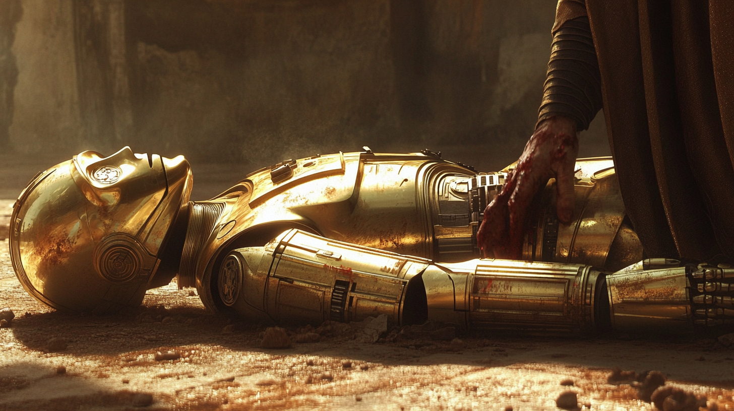 C3PO broken on floor, hand over heart, Star Wars.