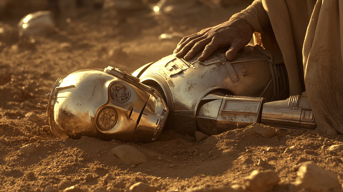 C3PO in dirt, touched by robed arm.