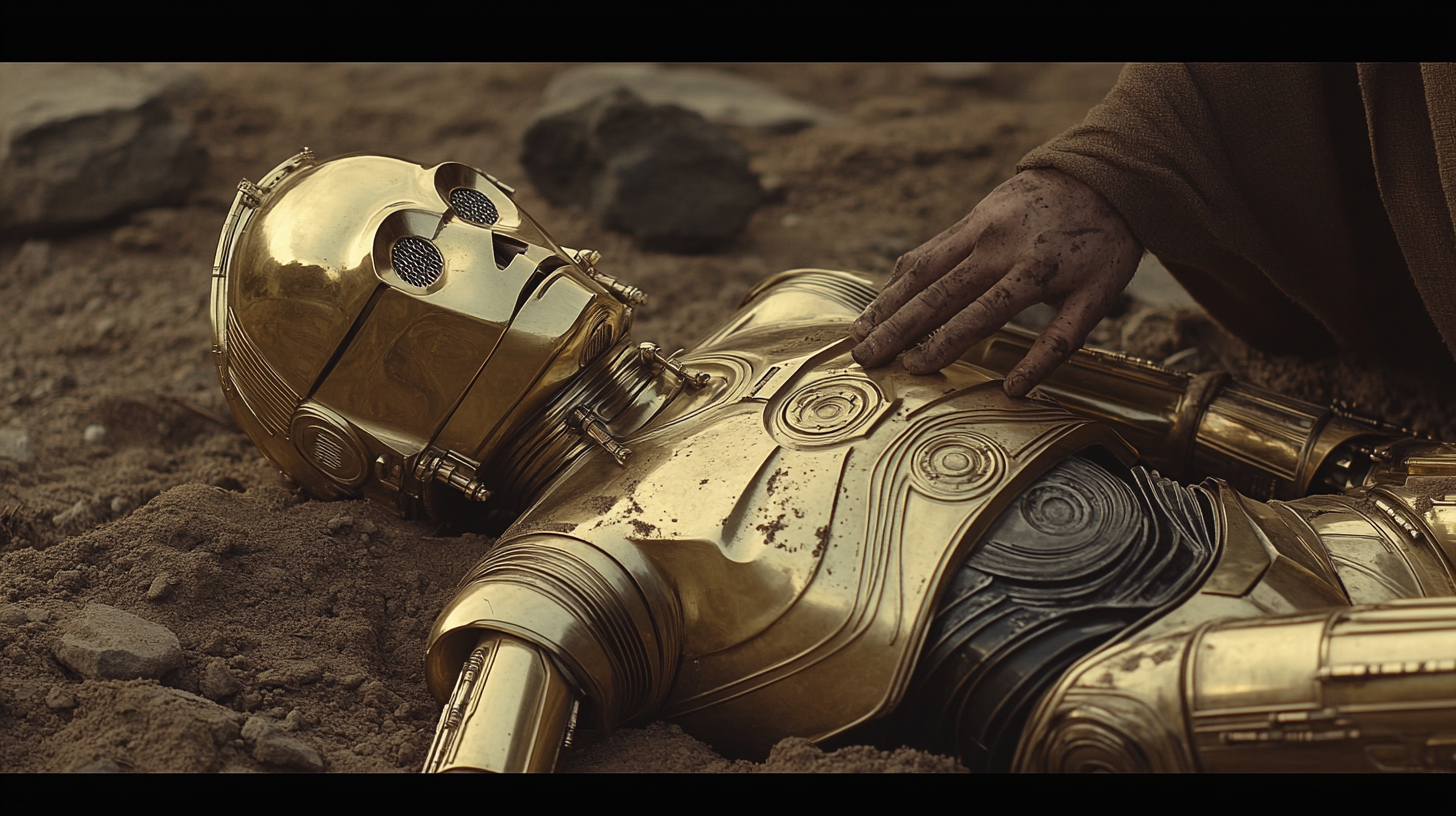 C3PO repaired by mysterious figure in desert landscape.