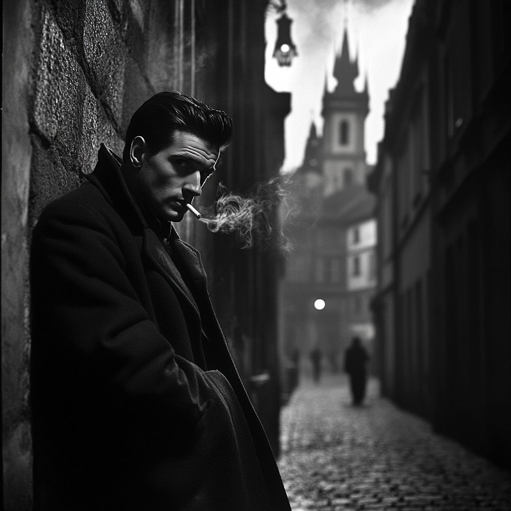 CIA agent spy in Prague smokes cigarette, watches street.