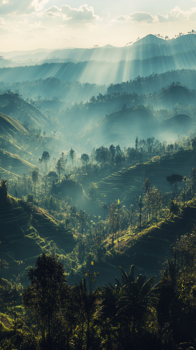 CIWIDEY view: Light rays, hills layers, strong telephotography. Sony Alpha.