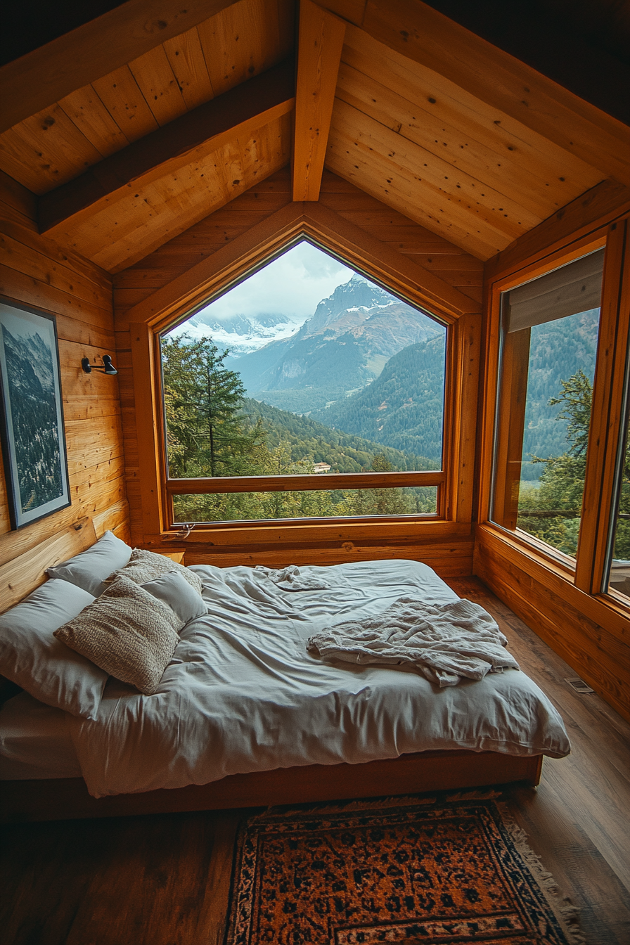 Cabin bedroom with mountain view, simple and elegant décor.