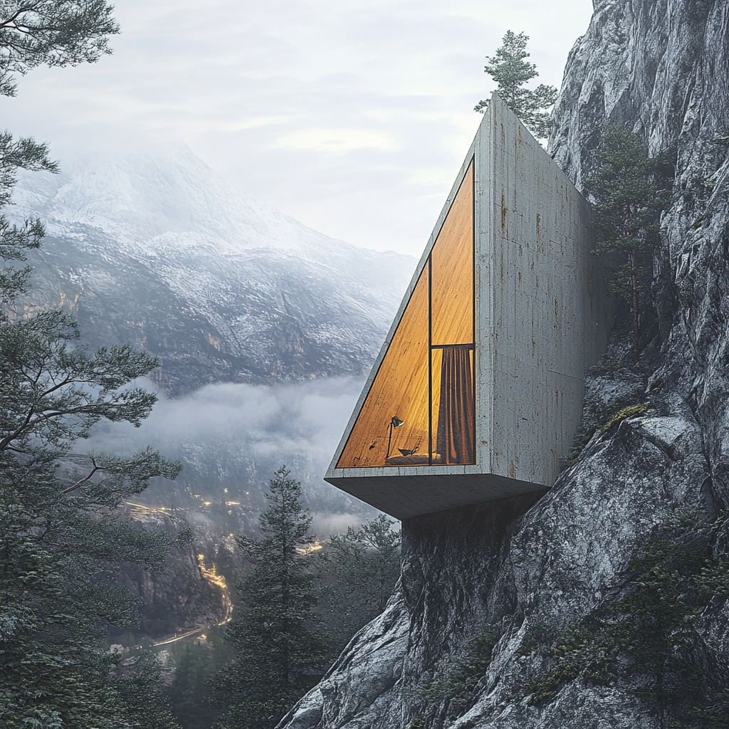 Cabin on angle, built in mountainside, window curtain faces up.