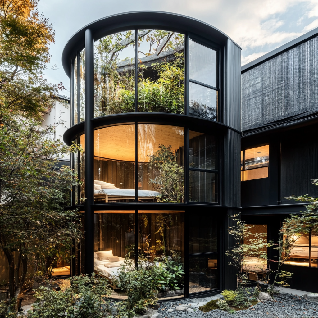 Cabin with glass room in middle, indoor garden.