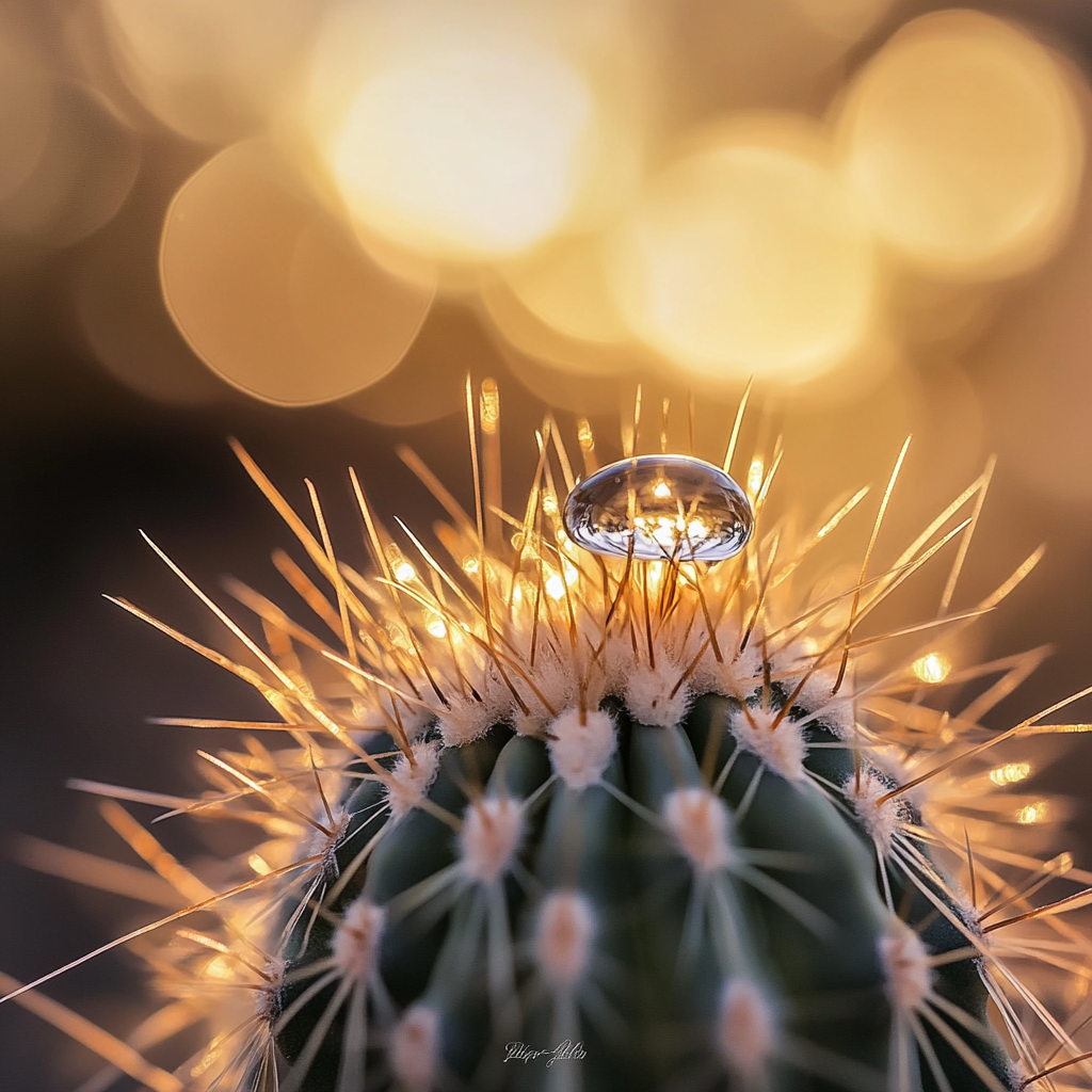 Cactus with dewdrops in morning sunlight