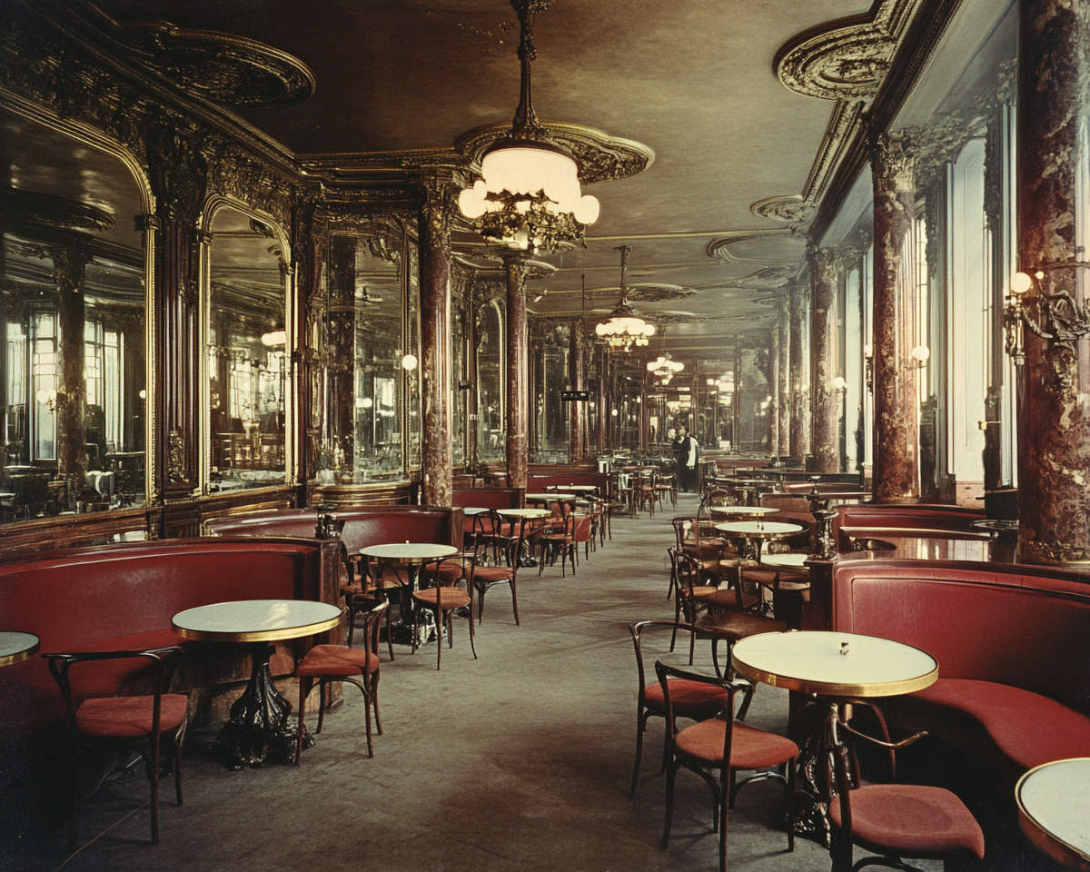 Cafe de Flore style intellectual cafe with circular tables.