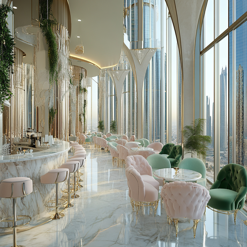 Cafe design for girls with soft colors and luxury.