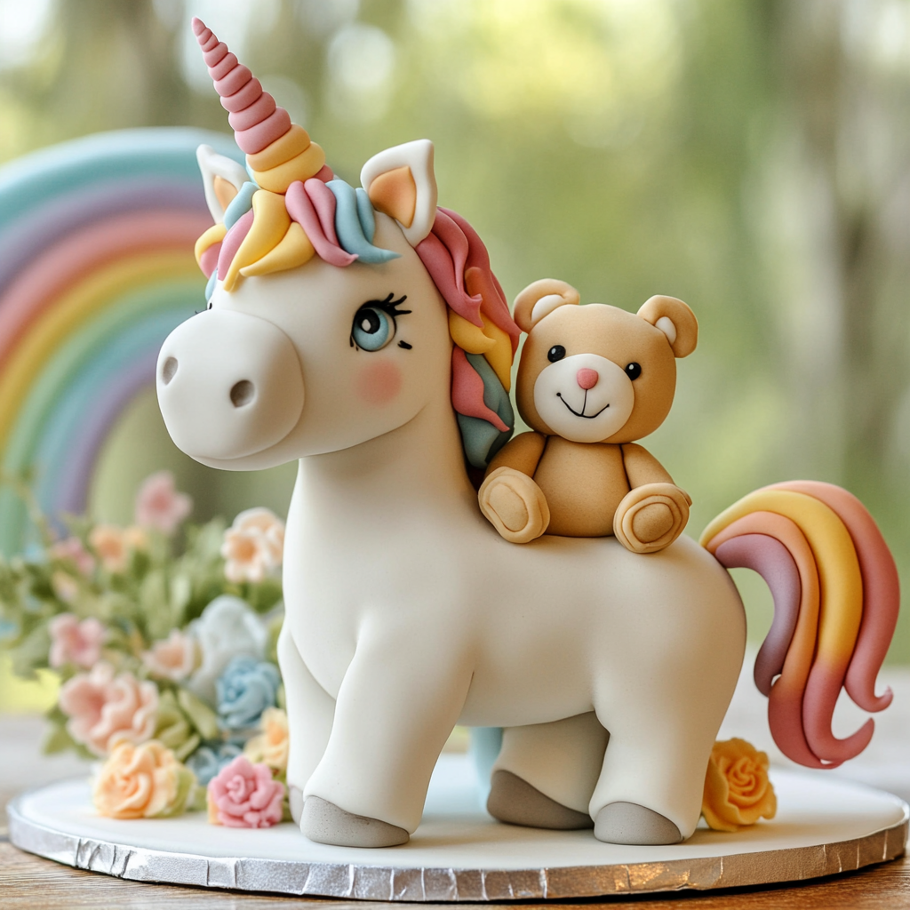 Cake unicorn with teddy bear, rainbow background.