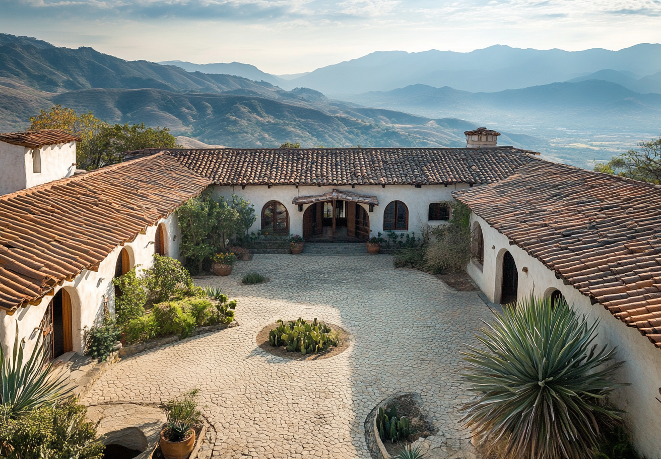 California Mission ranch, Frank Gehry design, courtyard, large windows.